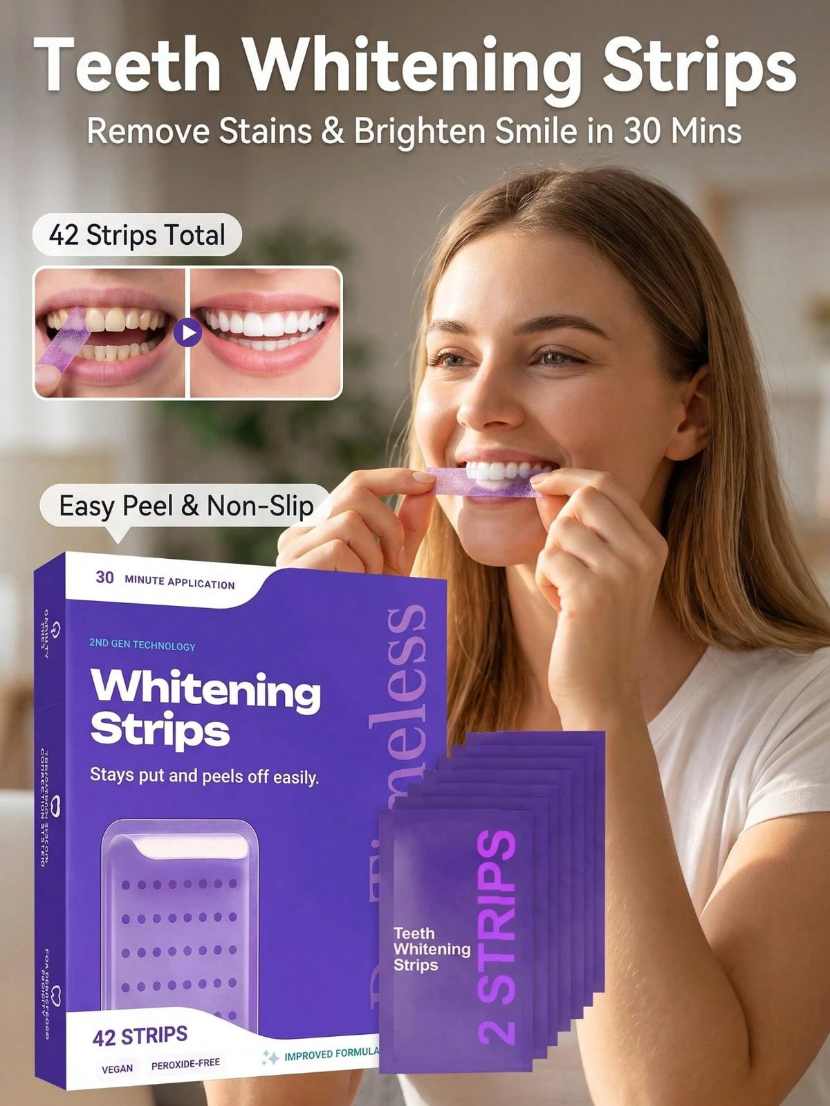 Purple Teeth Whitening Strips Fresh Breath Remove Stains Tooth Brightening Stickers Protable Teeth Whitening Product
